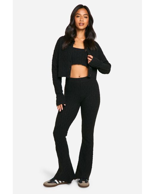 Boohoo Black Petite Soft Cable Knitted Cardigan, Crop Top And Flare Leg Trouser 3 Piece Set