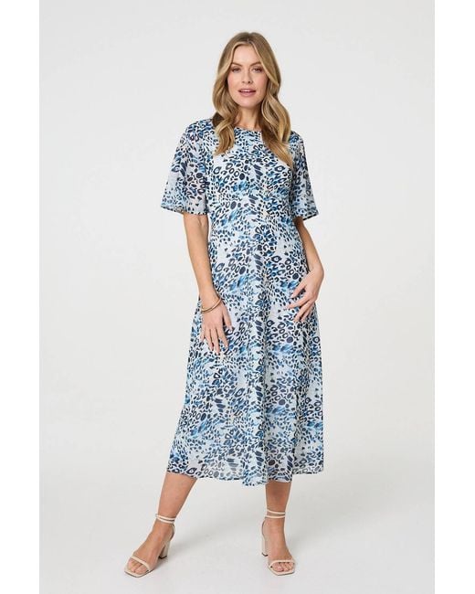 Izabel London Blue Animal Print Flared Sleeve Midi Dress