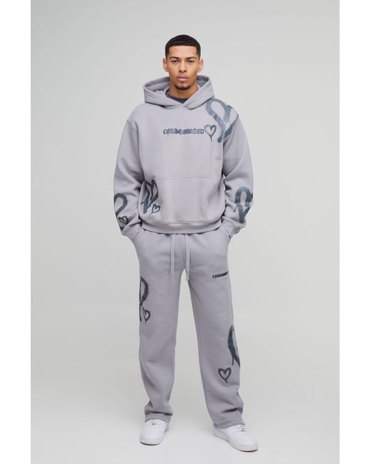 BoohooMAN Gray Oversized Boxy All Over Heart Printed Hooded Tracksuit for men