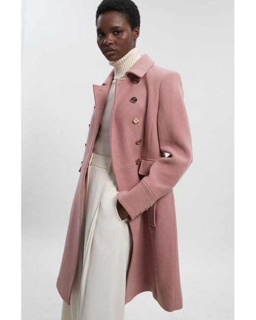 Karen Millen Pink Wool Button Front Double Breasted Tailored Princess Coat