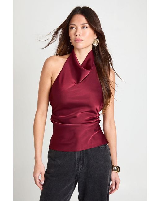 Boohoo Red Satin High Cowl Neck Cami Top