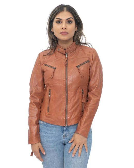 Infinity Leather Orange Casual Slim-Fit Biker Jacket-Tulsa