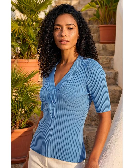 Roman Blue Ribbed V-Neck Cable Knit Jumper