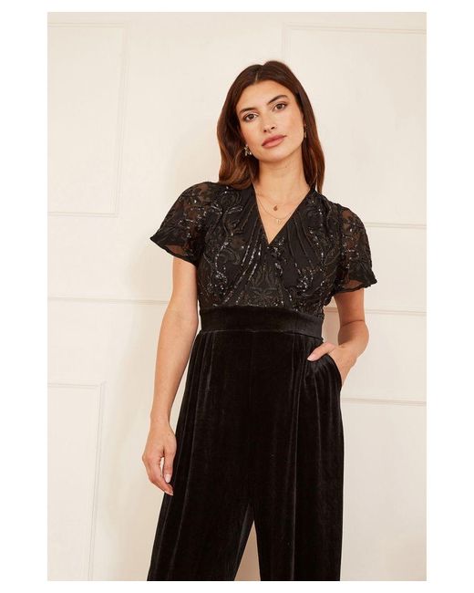 Yumi' Natural Sequin Embellished Velvet Jumpsuit With Angel Sleeves