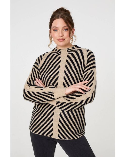 Izabel London Natural Striped High Neck Drop Shoulder Jumper