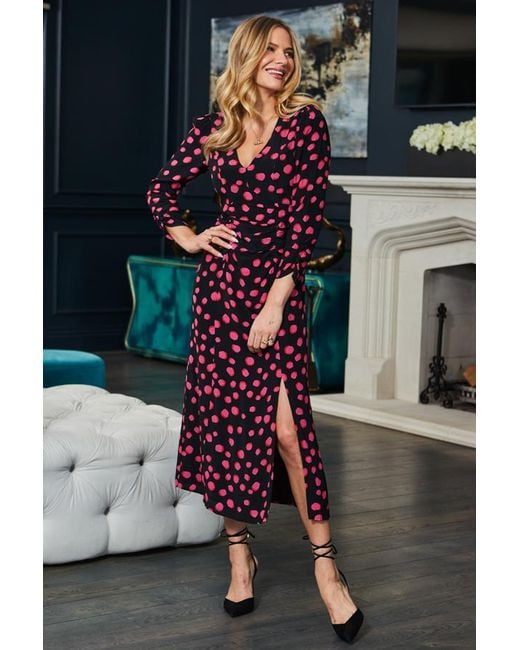 Sosandar Black Spot Print Ruched Waist Fit & Flare Dress