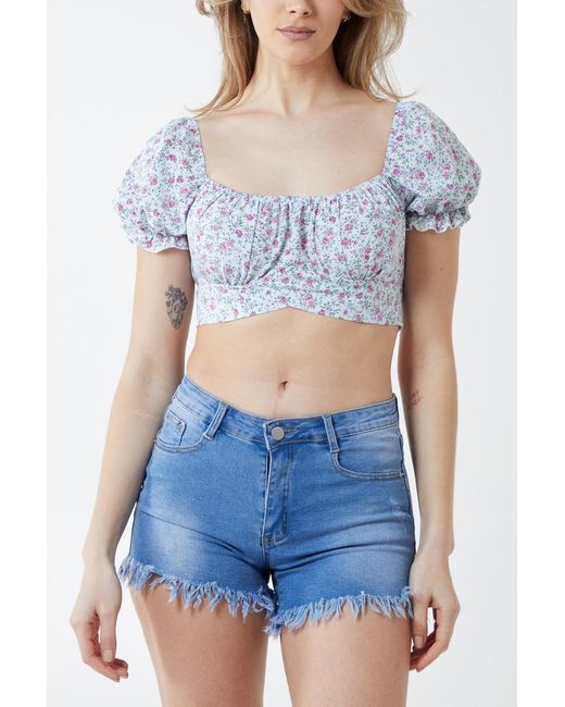 Pink Vanilla Blue Floral Puff Sleeve Tied Top