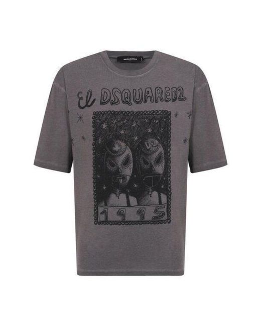DSquared² Gray El Graphic Loose Fit T-Shirt Charcoal Cotton for men
