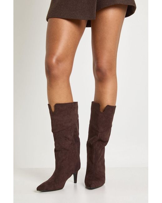 Boohoo Blue Faux Suede Low Stiletto Calf High Column Boots