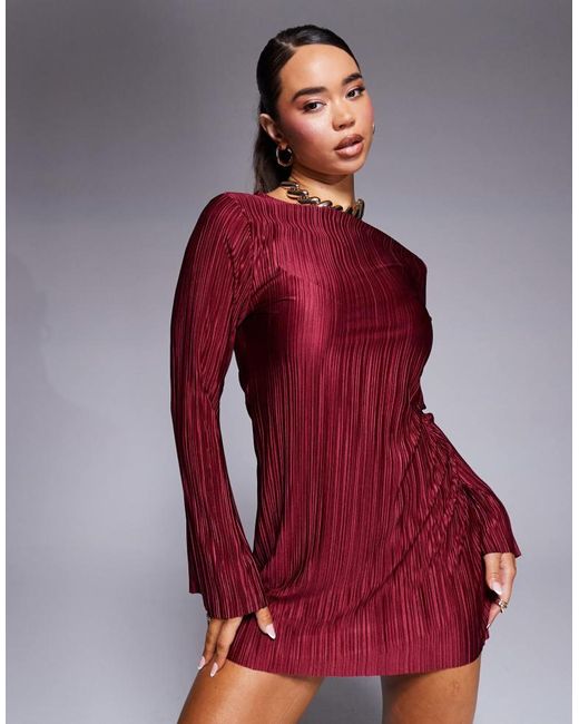 ASOS Red Long Angel Sleeve Plisse Mini Dress
