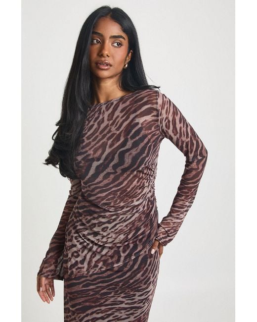Boohoo Multicolor Print Sheer Mesh Ruched Side Top Elastane
