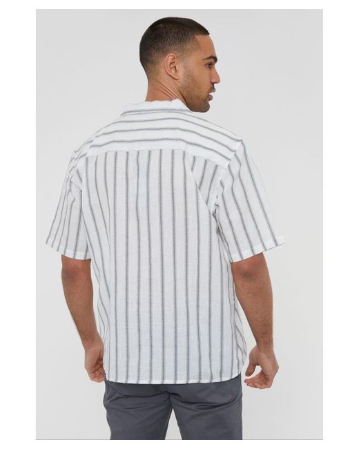 Threadbare White Off 'Sati' Linen Blend Short Sleeve Revere Collar Stripe Shirt for men