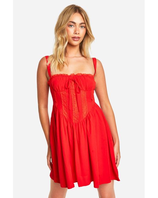 Boohoo Red Lace Corset Smock Dress