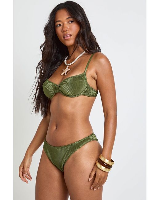 Boohoo Green Satin Pleated Underwired Top & Brief Bikini Bottoms