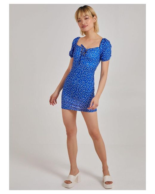 Pink Vanilla Blue Puff Sleeve Tie Floral Mini Dress