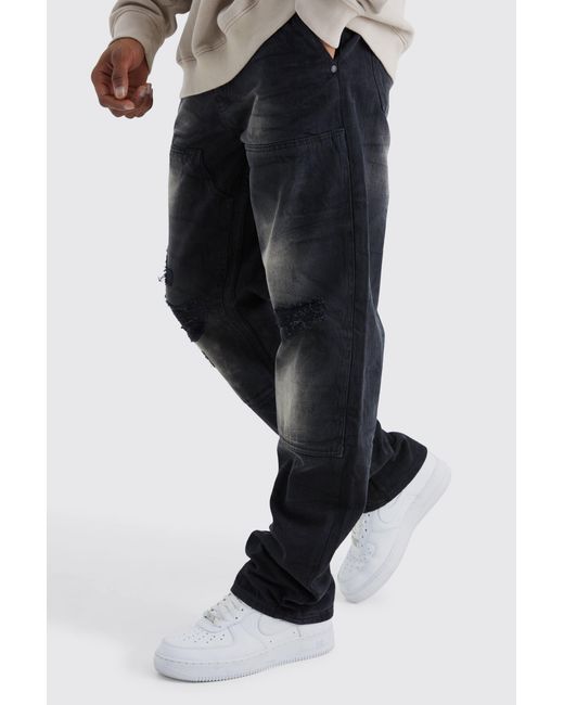 BoohooMAN Black Relaxed Rigid Dirty Wash Carpenter Jeans for men