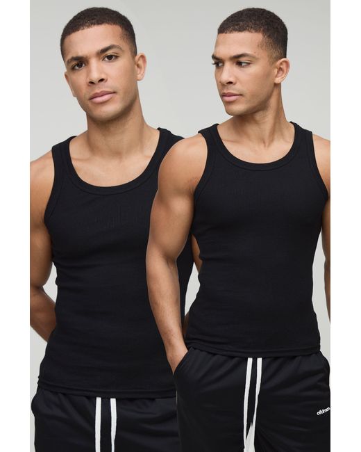 BoohooMAN Black 2 Pack Muscle Fit Basic Vests for men