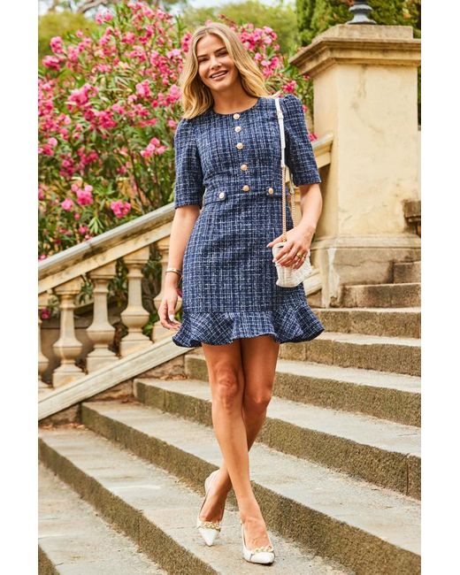 Sosandar Blue Boucle Peplum Hem Shift Dress
