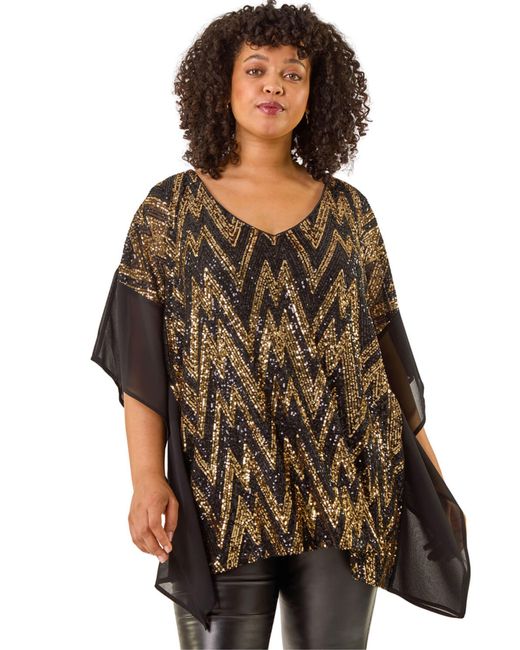 Roman Black Curve Zig Zag Sequin Overlay Top
