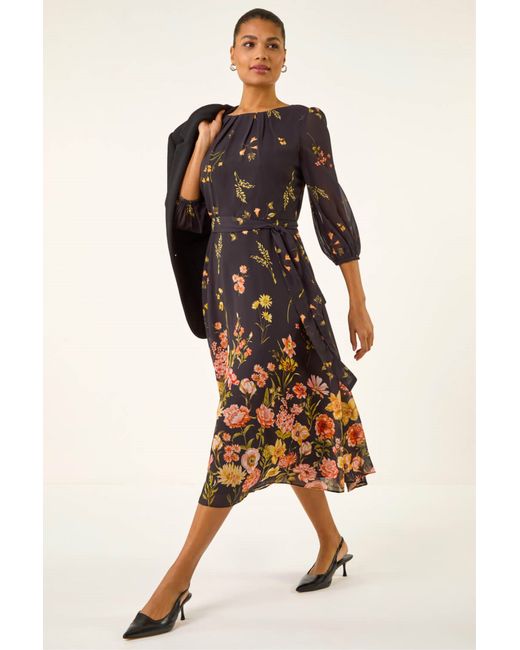 Roman Black Border Print Pleated Midi Dress
