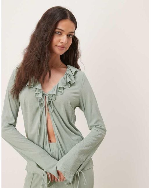 Vila Green Textured Ruffle Tie Front Jersey Top Co-Ord