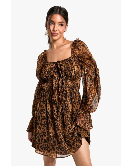 Boohoo Brown Leopard Chiffon Milkmaid Mini Dress