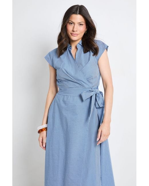 PRINCIPLES Blue Stripe Wrap Collared Shirt Dress