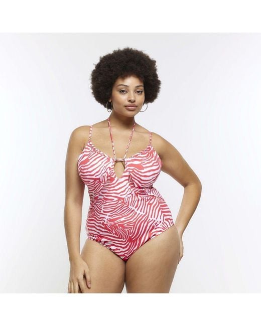 River Island Pink Swimsuit Plus Plunge Zebra Print
