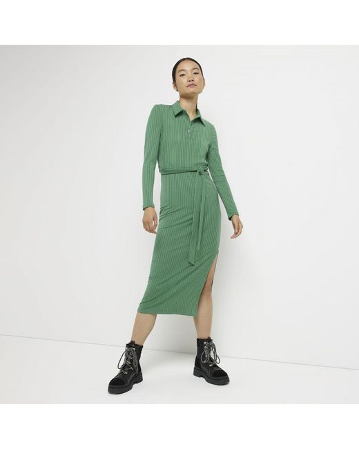 River Island Green Bodycon Midi Dress Long Sleeve