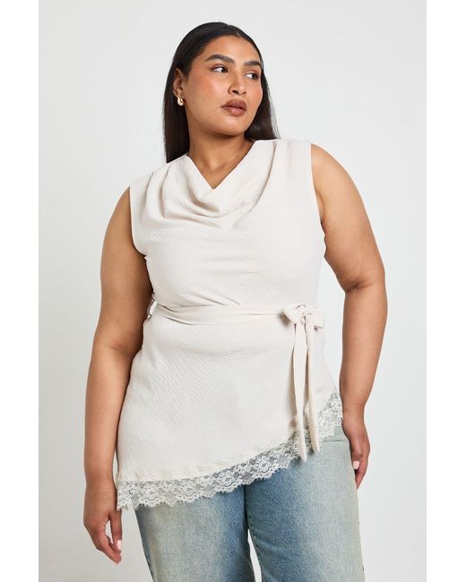 Boohoo White Plus Cowl Neck Tie Waist Lace Hem Asymmetric Top