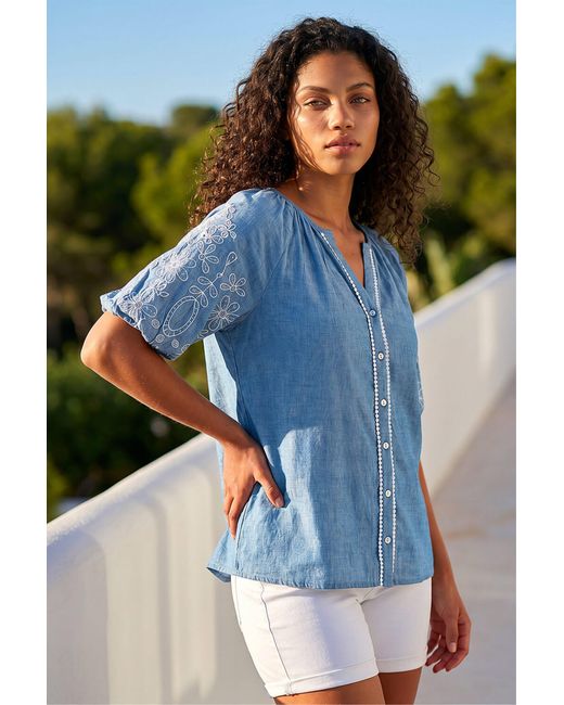 Roman Blue Petite Embroidered V-Neck Top