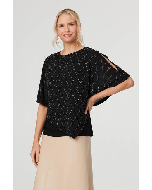 Izabel London Black Geo Print Cut-Out 1/2 Sleeve Blouse