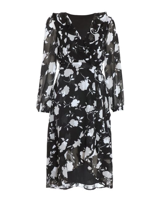 Quiz Black Floral Frill Wrap Midi Dress