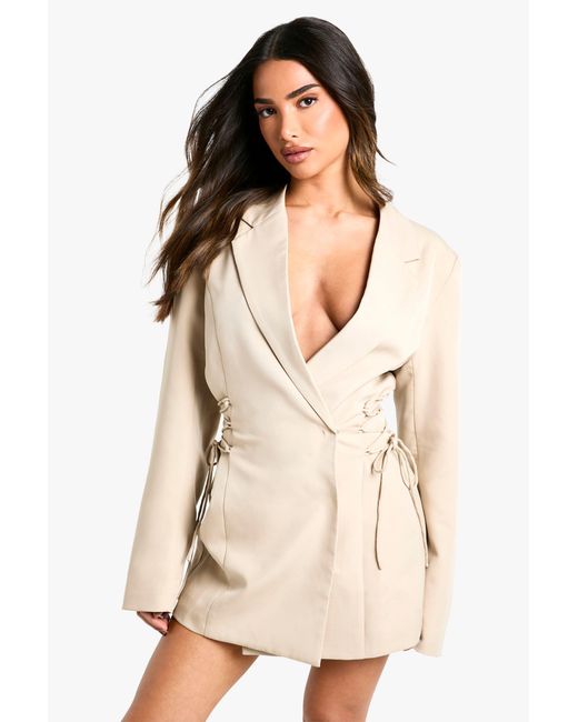 Boohoo Natural Petite Lace Up Side Blazer Dress
