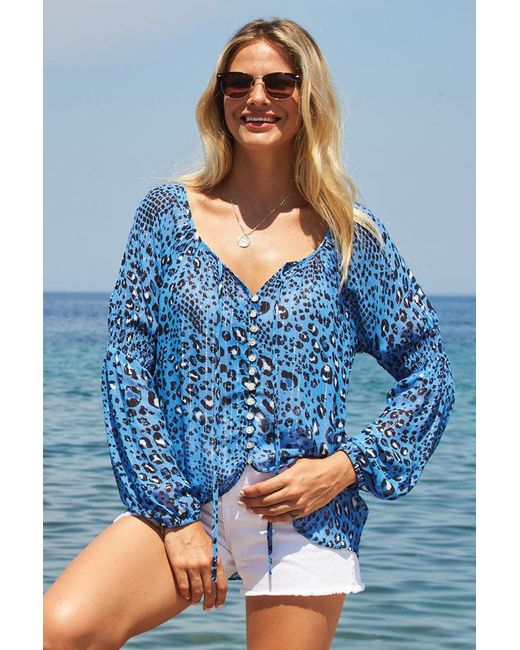 Sosandar Blue Animal Print Blouse With Luxe Metallic Stripe