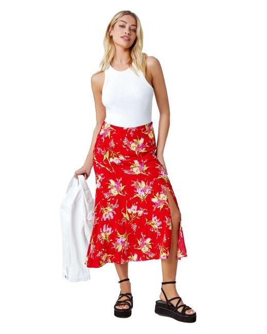 D.u.s.k Red Floral Asymmetric Frill Midi Skirt