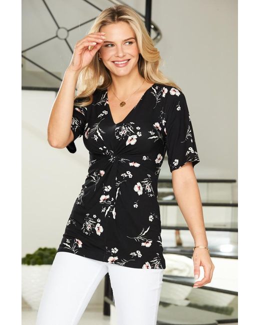 Sosandar White Floral Print Angel Sleeve Twist Front Top Viscose