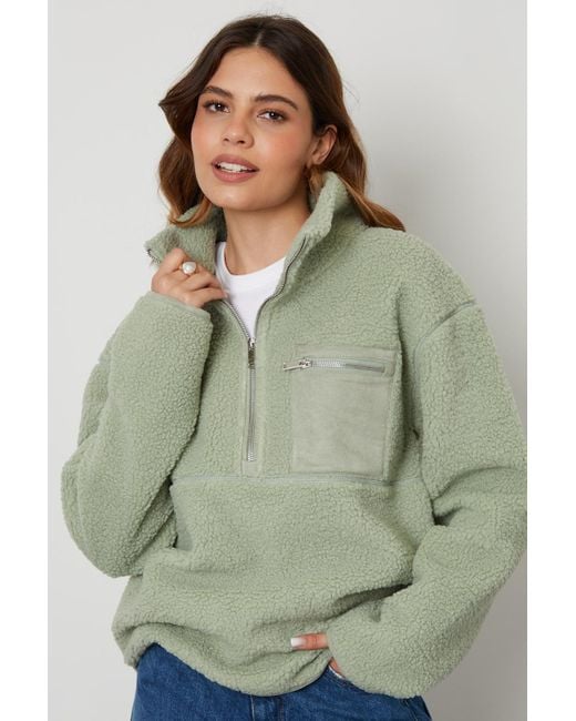 Threadbare Green Borg Fleece Half-Zip Jacket