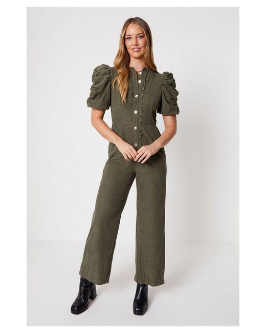 Oasis Green Cord Scallop Edge Puff Sleeve Jumpsuit
