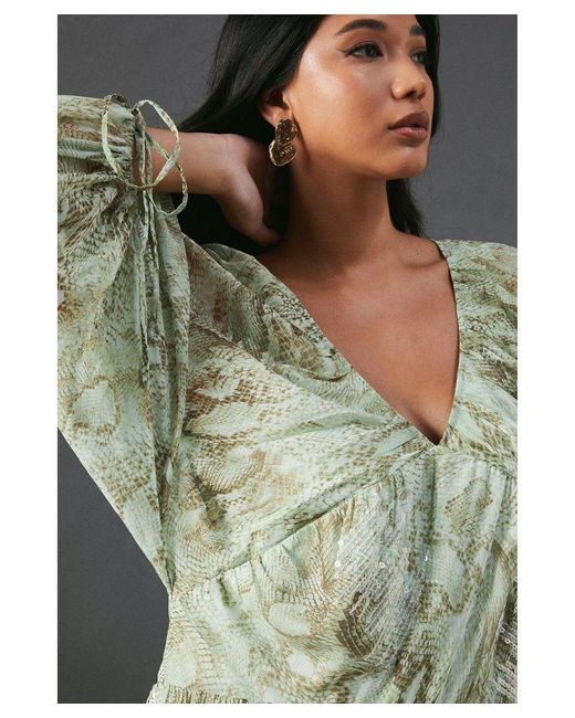 Warehouse Green Sequin Snake Embellished Volume Sleeve Mini Smock Dress