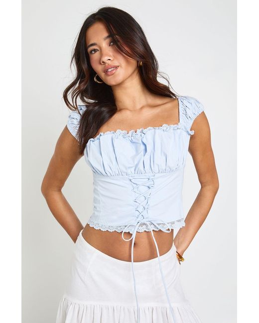 Boohoo White Broderie Trim Tie Front Corset Top