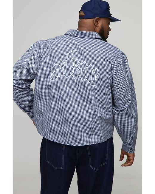 BoohooMAN Blue Plus Oversized Boxy Embroidered Micro Check Shirt for men