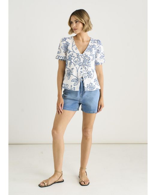 Gini London Blue Textured Floral Print Tie Front Top
