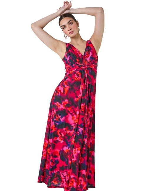 Ariella Red Floral Knot Front Maxi Dress