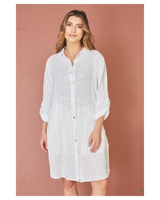 Yumi' White Stripe Linen Relaxed Fit Longline Shirt