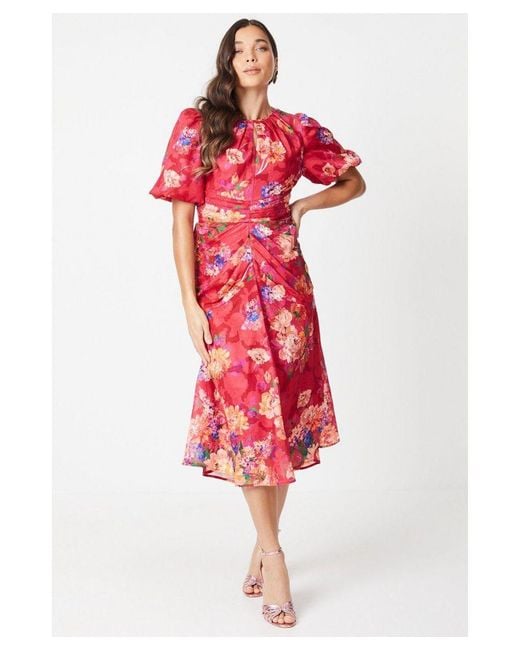 Coast Red Petite Printed Key Hole Detail Puff Sleeve Flute Hem Midi Dress