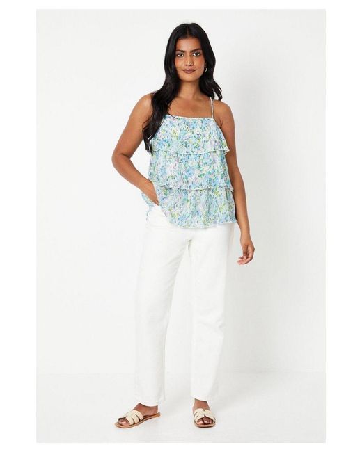 Oasis Blue Floral Tiered Pleat Strappy Top