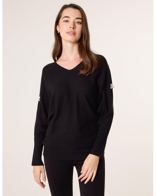 Blue Vanilla Black V-Neck Batwing Shoulder Pearl Detailing Jumper