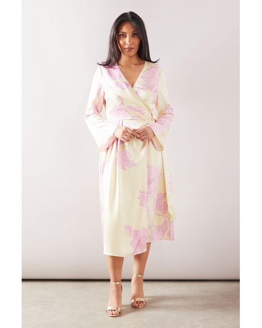Wallis Pink Petite Floral Satin Wrap Midi Dress