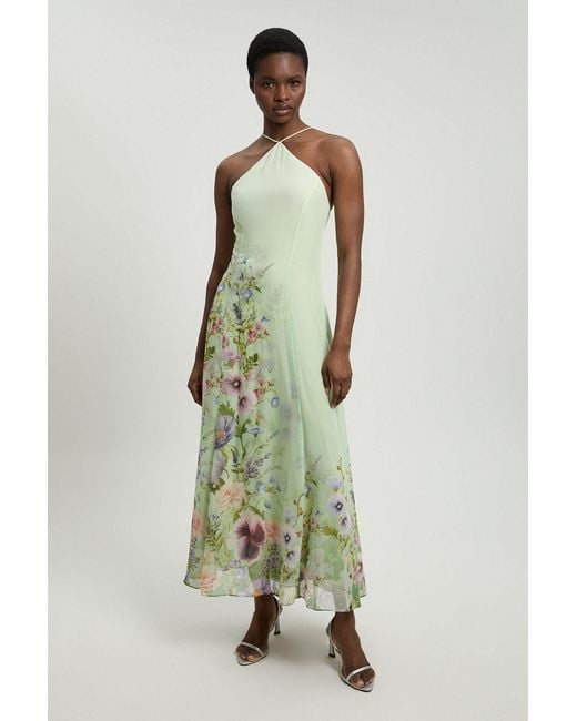 Karen Millen Green Petite Chiffon Floral Print Halter Neck Woven Maxi Dress